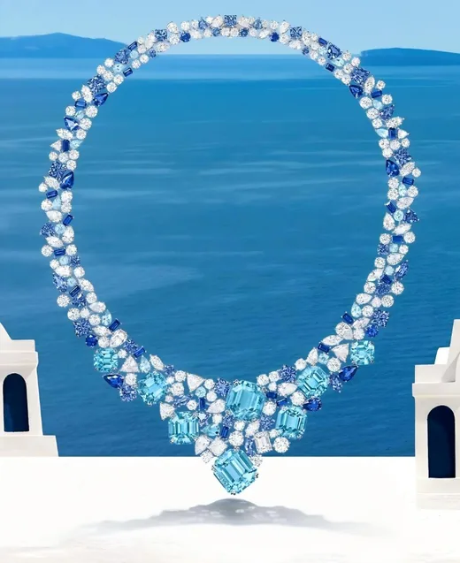 Same jewelry necklace with AI lifestyle background swap — coastal resort scene