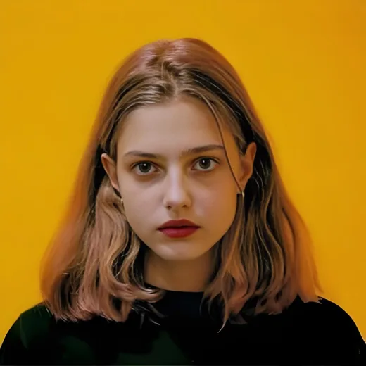 Same portrait on a solid brand-color yellow background
