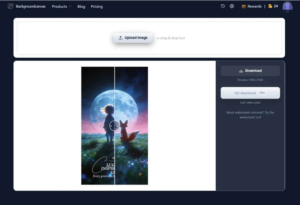 BackgroundCanvas.app text removal workspace with before-and-after compare slider