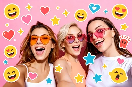 Group selfie with emoji and sticker overlays before AI removal